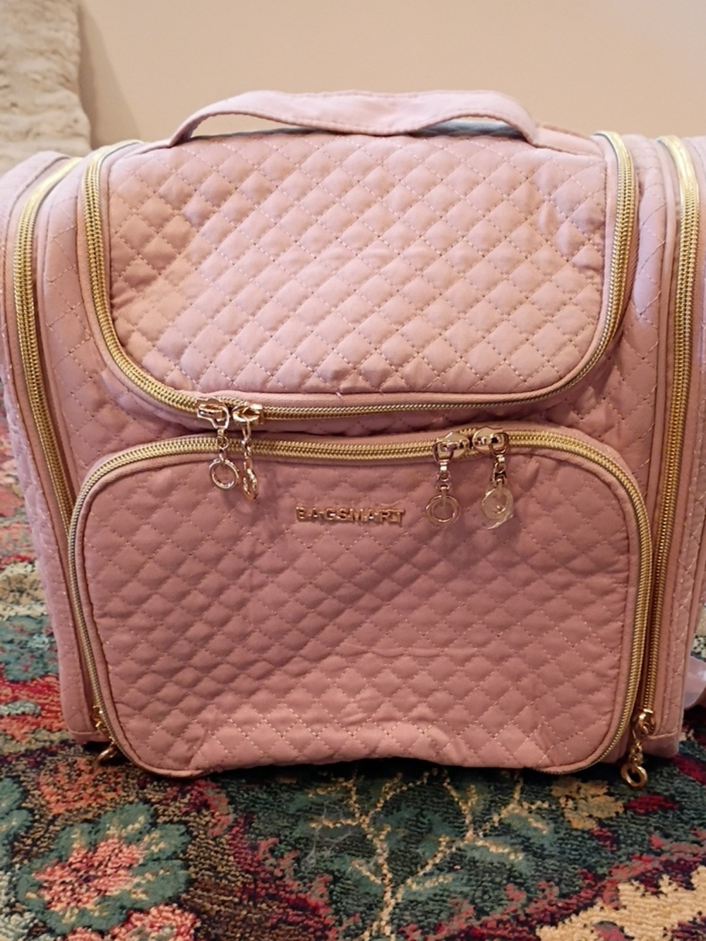 Bagsmart Quilted Light Pink Cosmetic Travel Case with Gold Hardware